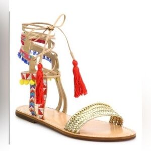 Schutz Anika Boho Gladiator Sandals Tassel Embroidered Leather Size 8.5
